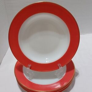 JAJ Pyrex Made in England Flamingo & Gold Trim (4 ) Milk Glass Rimmed Soup Bowls